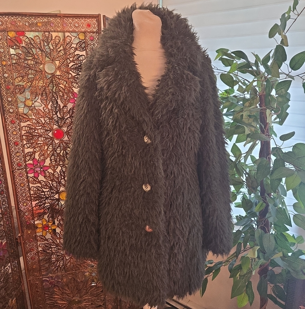 Guess Y2K Green Faux Fur Boho Glam Mobwife Coat Womens Small